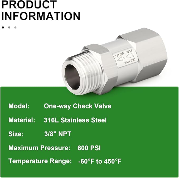 TAISHER 1PCS 316L Stainless Steel 3/8" NPT Male x 3/8" NPT Female Check Valve,Backflow Prevention,One Way Non-Return Check Valves