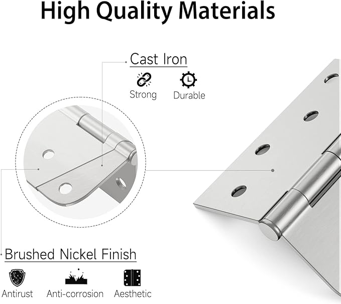HOSOM 18 Pack Brushed Nickel Exterior Door Hinges 4 Inch 5/8" Radius Removable Pin Perfect for Heavy-Duty Front & Back Door, Antirust & No Squeaks