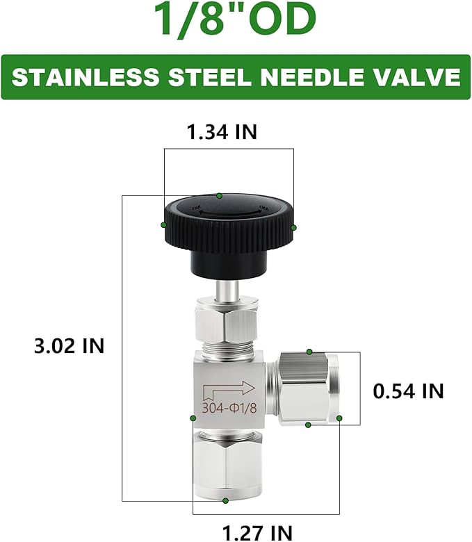 TAISHER 1PCS 304 Stainless Steel Compression Tube Square 90 Degree Needle Valve 1/8"" Tube OD x 1/8"" Tube OD For Flow Control Water Gas Oil, Silver