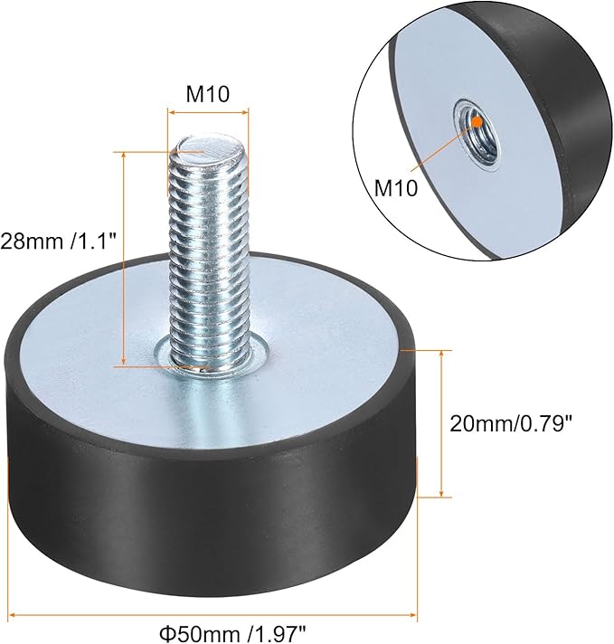 uxcell 8pcs M10x28mm Rubber Isolator Mounts with Studs 50x20mm Male Female Vibration Shock Absorber Zinc Plated Cylindrical Thread Mounts Anti Vibration Isolators with 8pcs M10 Lock Nuts