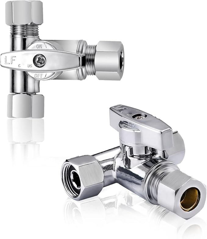 Lead-Free Brass 1Pcs Chrome-Plated Add-A-Tee 3-Way,3/8 Inch x 3/8 Inch x 1/4 Inch Angle Stop Valve For Reverse Osmosis Water Filters,Ice Maker,Refrigerator