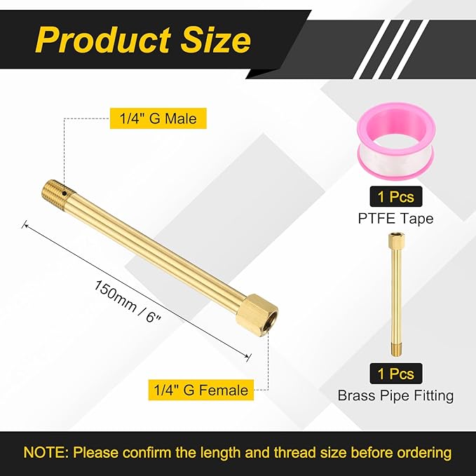 PATIKIL 1/4" g Male x 1/4" g Female Brass Pipe Fitting, Nipple Brass Fitting Extension Pipe Fittings Adapter Connection with Tape 6 Inch / 150mm Length