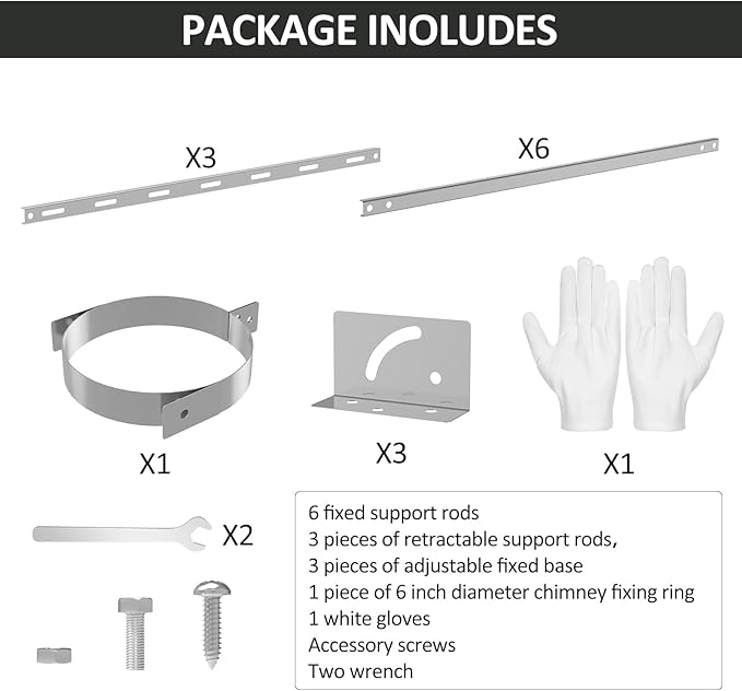 Adjustable Stainless Steel Chimney Roof Support Bracket Kit,6 Inch Extended Height-Adjustable,Triangle Design for Wind Stability,Stove Pipe