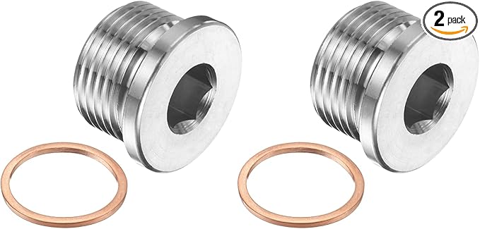 PATIKIL 2 Pcs M27 x 2 Metric Pipe Plug Fitting, 304 Stainless Steel Internal Hex Head Socket Pipe Cap Adapter Connector with Copper Washer for Sealing Oil Gas Water