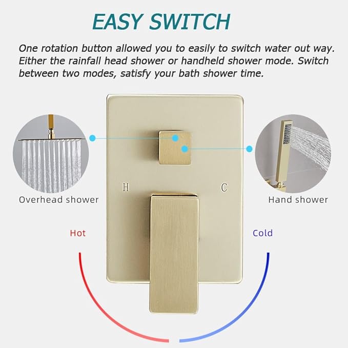 16 Inch Ceiling Mount Brushed Gold Shower System Bathroom Luxury Rain Mixer Shower Combo Set Ceiling Rainfall Shower Head System (Contain Shower Faucet Rough-in Valve Body and Trim Kit)