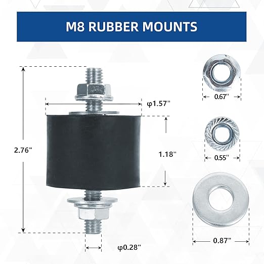 Rubber Studs Shock Absorber with Lock Nuts M8 40x30mm 4 Pack Anti Vibration Rubber Isolator Mounts Cylindrical Vibration Isolation Mount for Air Compressors, Garage Motor, Diesel Engines