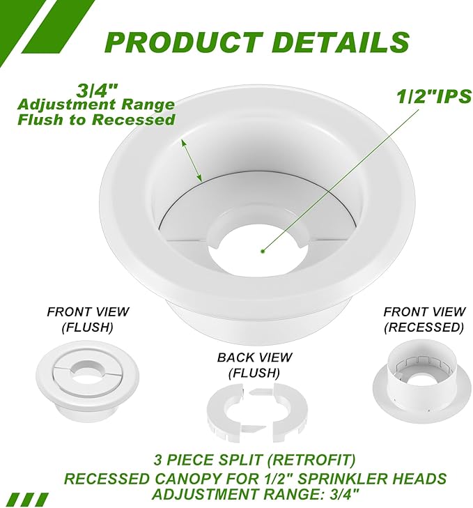Shimeyao 12 Pcs Retrofit Recessed Fire Sprinkler Escutcheon 1/2" IPS Split 3 Piece in Depth Adjustment Range up to 3/4" for Fire Sprinkler Trim Ceiling (White)