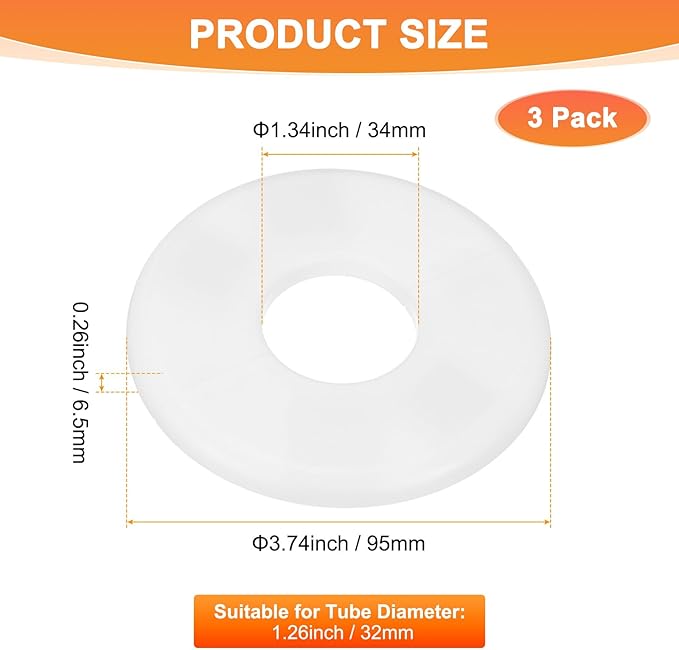 3-Pack Wall Split Flange, ABS Round Self-Adhesive Escutcheon Plate Cover Buckle for 32mm/1.26 in Dia Pipe Accessories/Floor/Ceiling, Plumbing Cover Plates [White,6.5mm/0.26in H]