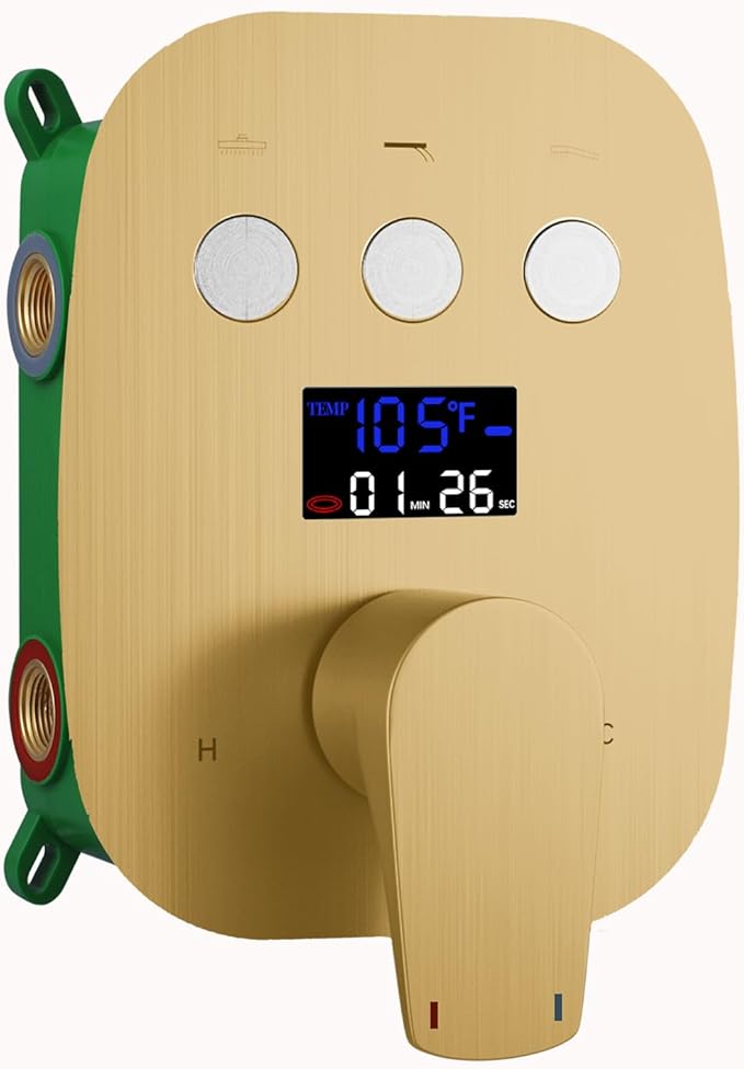 3 Way Shower Diverter Valve Push-Button Temperature Display Modern Bathroom Concealed Faucet Valve Rough-In Mixing Shower Valve Kit Replacement Can Work At The Same Time, Brushed Gold