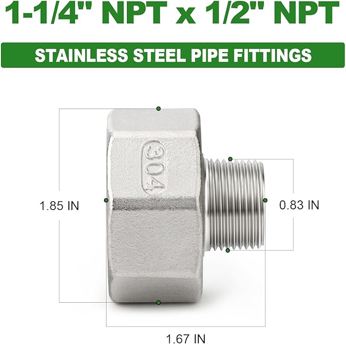TAISHER 2PCS 304 Stainless Steel Pipe Fitting, Reducer Adapter, 1/2" NPT Male x 1-1/4" NPT Female