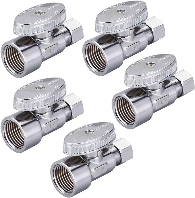 5 Pack Brass 1/2 Inch FIP x 3/8 Inch OD Compression Quarter Turn Straight Water Angle Stop Valve Shut Off