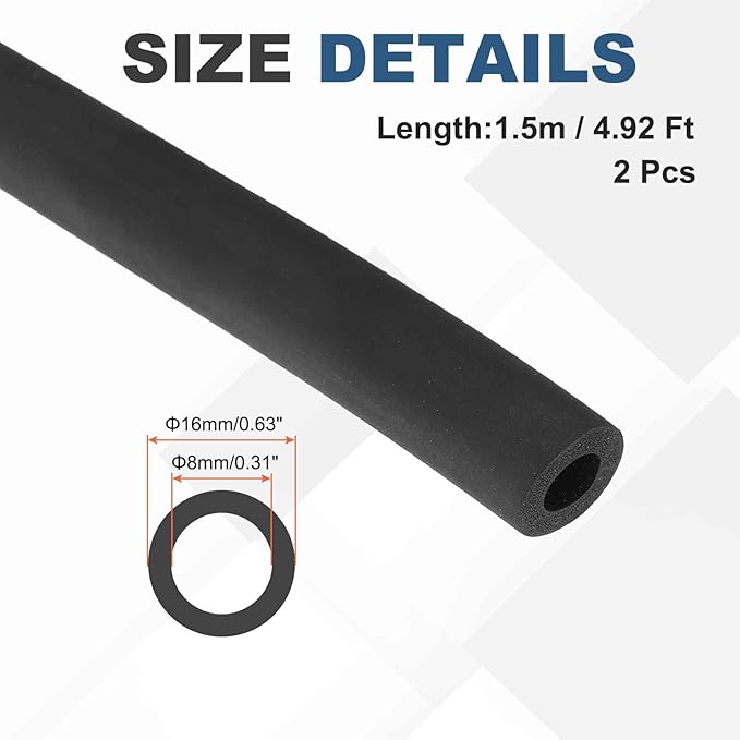 2pcs 1/3" ID Pipe Insulation Foam Tube, EPDM Pipe Cover 5/8" OD Wrap Roll Bar Tubing 4.9FT Long - Insulation Freeze Heat Preservation for Guitar Stand/AC Units/Exercise Machine