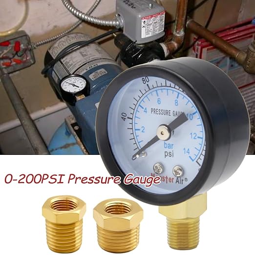 Pressure Gauge 0-200PSI 1-1/2" Dial Stainless Steel Case 1/8" NPT Male Brass Bottom Mount Include 1/2" NPT and 3/8" NPT Connector Universal Multifunctional