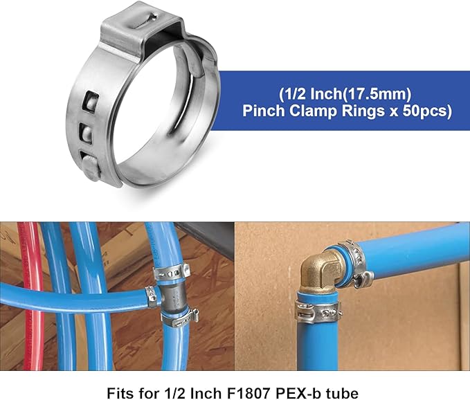 (Pack of 50) WMAXPFIT PEX Cinch Clamp Rings 1/2 Inch, STAY PUT Stainless Steel PEX Pipe Cinch Crimp Rings Pinch Clamps for PEX Pipes and PEX Fittings Connection