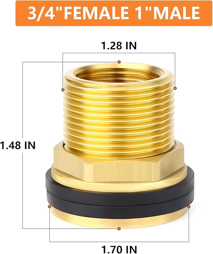 GASHER 4PCS Brass 3/4" Female 1" Male Bulkhead Tank Connector Adapter Fitting with Rubber Ring
