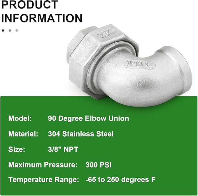 TAISHER 2PCS 304 Stainless Steel 90 Degree Elbow Union，3/8" NPT Female x 3/8" NPT Female Cast Pipe Fitting