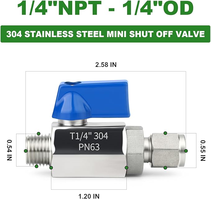 TAISHER 1PCS 304 Stainless Steel Compression Mini Ball Valve Shut Off Switch, 1/4" Tube OD x 1/4" NPT Male