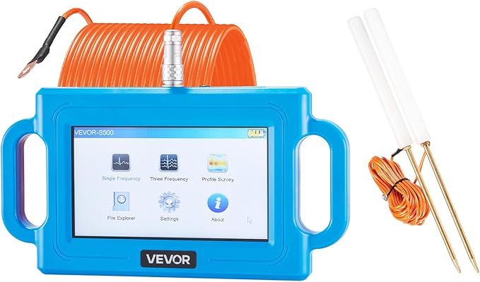 VEVOR Underground Water Detector, Up to 1640ft (500m) Pro Underground Water Detection Locator, 7" Touchscreen Auto Mapping Well Detector Explorer with Multi-Frequency Measurement, 8GB Card, Carry Case