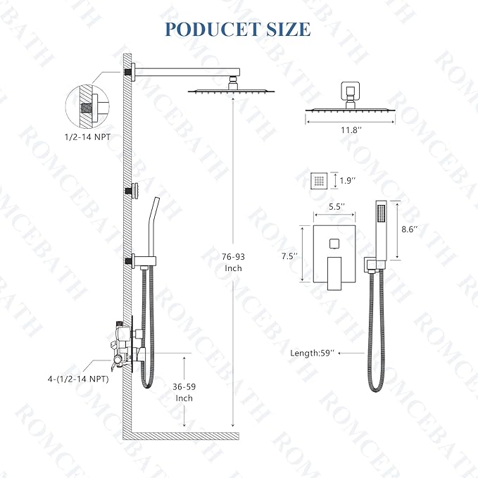 Rain Shower System With Complete 6 Pcs Body Sprays Jets And Pressured Balance Rough-in Valve,12Inch Rainfall Shower Head And Handheld, Modern Brushed Gold Wall Mount Shower Faucets Sets