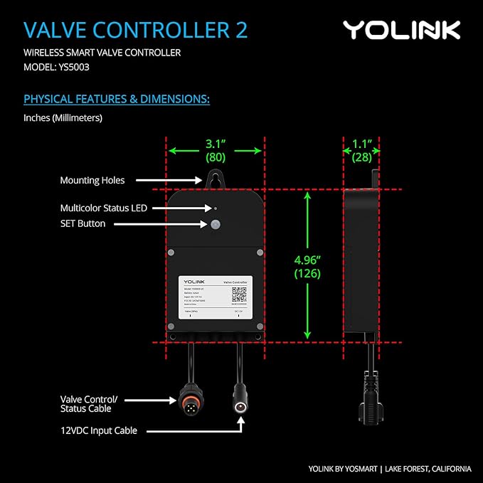 YoLink Wireless Smart Valve Control Kit, NSF Certified 1-1/4" Stainless Steel Motorized Valve, Wireless Controller 2, LoRa Long Range, D2D Offline with Leak Sensors, 2 Years Battery Backup