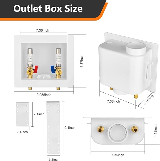 1-Pack HeSun Washing Machine Outlet Box,Pex A Expansion Washer Box with Drain, 1/2 Inch PEX-A Inlet x 3/4 Inch MHT Outlet,with Stainless Steel Arrestor,ASTM F1960,White(WM008)