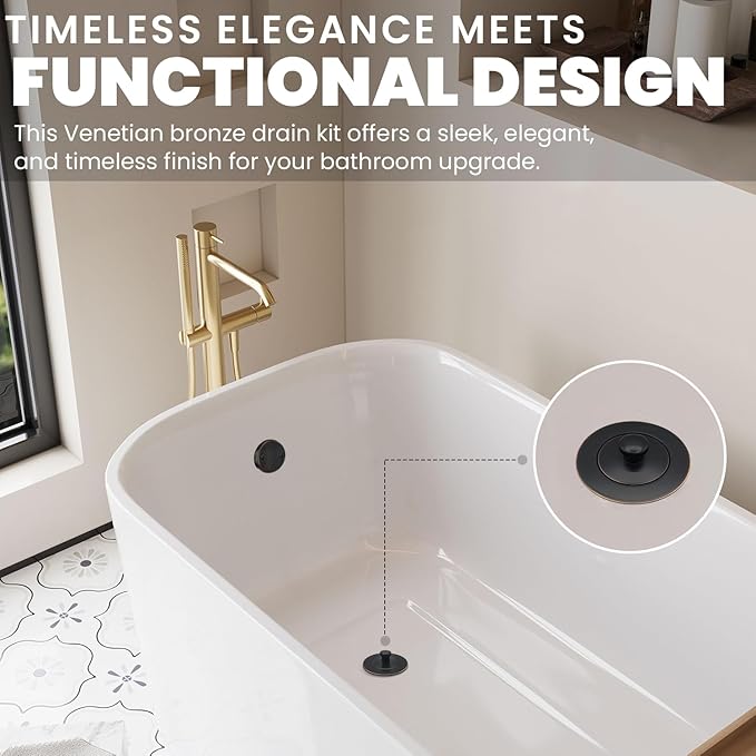 Venetian Bronze Bathtub Drain Kit - Lift and Turn - Replacement Kit for Bathtub, Overflow Plate and Screws Included, Universal Fit 1-3/8" and 1-1/2"- Brass Construction - Easy Install