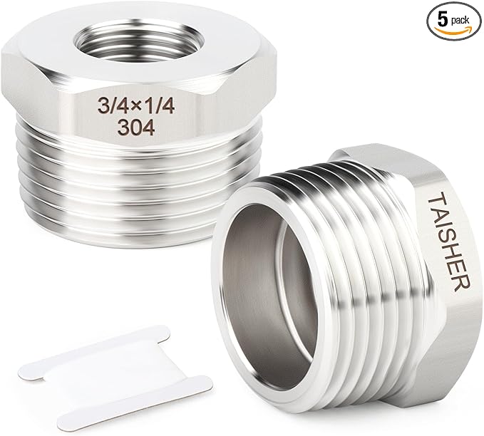 TAISHER 5PCS 304 Stainless Steel New Reducer Hex Bushing, 3/4" NPT Male x 1/4" NPT Female, Reducing Pipe Adapter Fitting