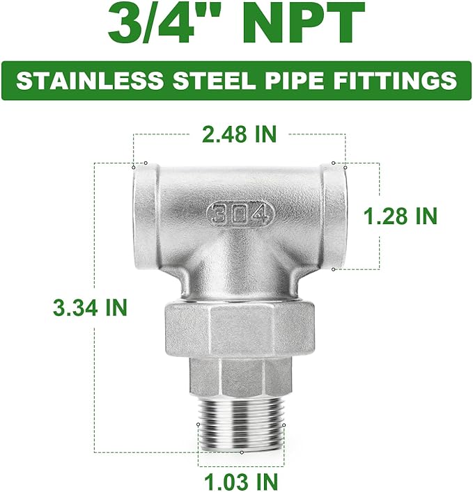 TAISHER 2PCS 304 Stainless Steel 3 Way Tee Union，3/4" NPT Female x 3/4" NPT Male x 3/4" NPT Female Cast Pipe Fitting