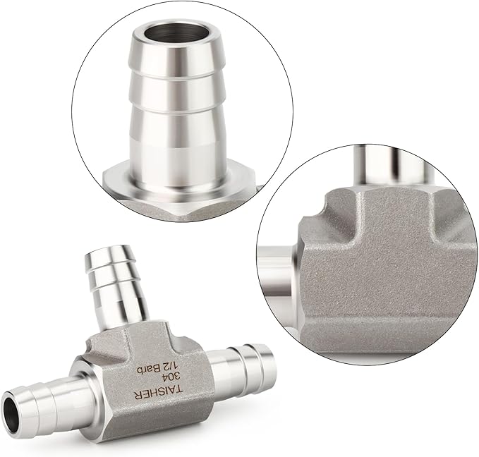 TAISHER 1PCS Forging of 304 Stainless Steel 3 Way Tee Hose Barb Fitting, 1/2" x 1/2" x 1/2" Hose Barb for Fuel/Air/Lquid/Gas with 3PCS Hose Clamp