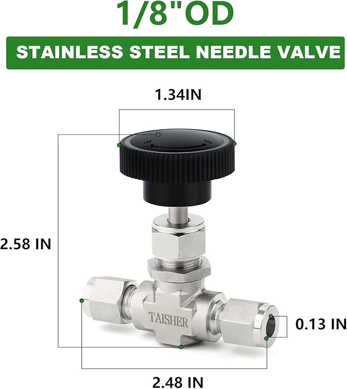 TAISHER 1PCS 316 Stainless Steel Compression Tube Straight Needle Valve 1/8" Tube OD x 1/8" Tube OD For Flow Control Water Gas Oil