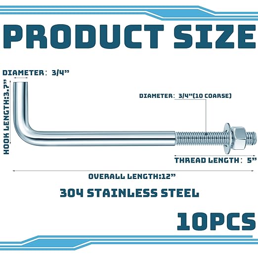 10 Pcs J Bolt Galvanized Anchor Bolts Galvanized Concrete Fastener Concrete Cement Post Anchor with Nuts and Washers for Foundation Wall Hardware Brick Projects, Gray(3/4-10 x 12)