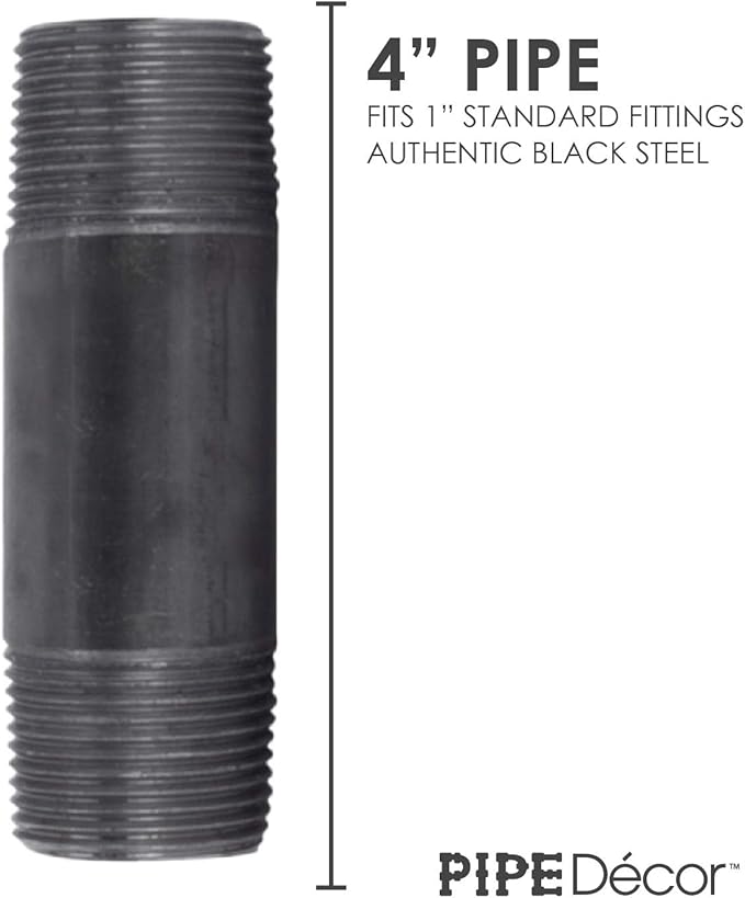 PIPE DECOR 1" x 4" Black Steel Plumbing Pipe, 6-Pack, Pre Cut Connector, Industrial Steel Grey Fits Standard One Inch Threaded Black Malleable Iron Fittings, Build Vintage DIY Furniture