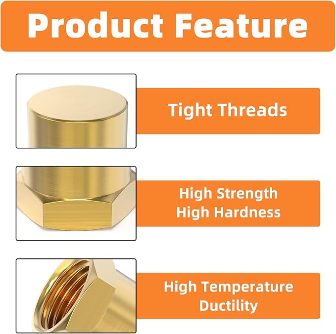 GASHER 1/8"NPT Brass Pipe Cap, NPT Female Thread Socket Pipe End Cap Plugs Fitting 10PCS