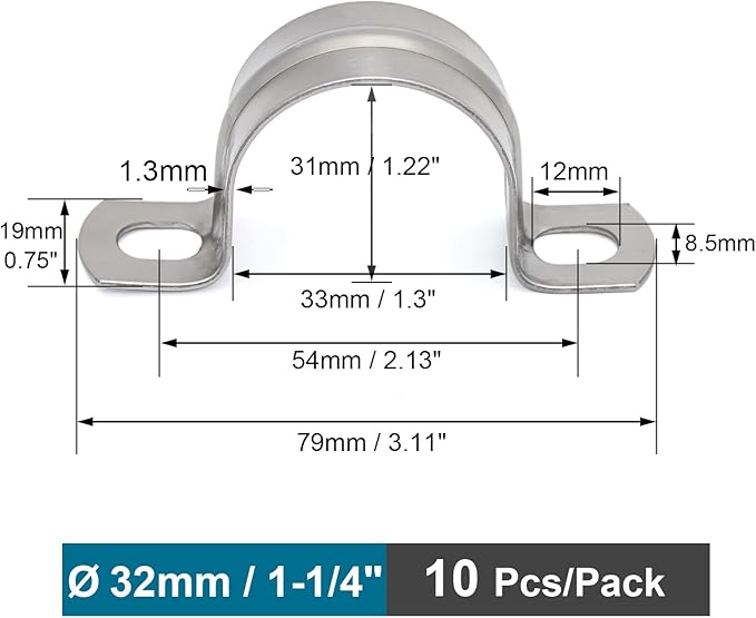 10 pcs 1-1/4" Conduit Clamp 304 SS Pipe Support U Bracket, Tube Clamps for Cable/Water Pipe/Pipe, Heavy Duty Pipe Clamp | OD 1-1/4" | 10 pcs