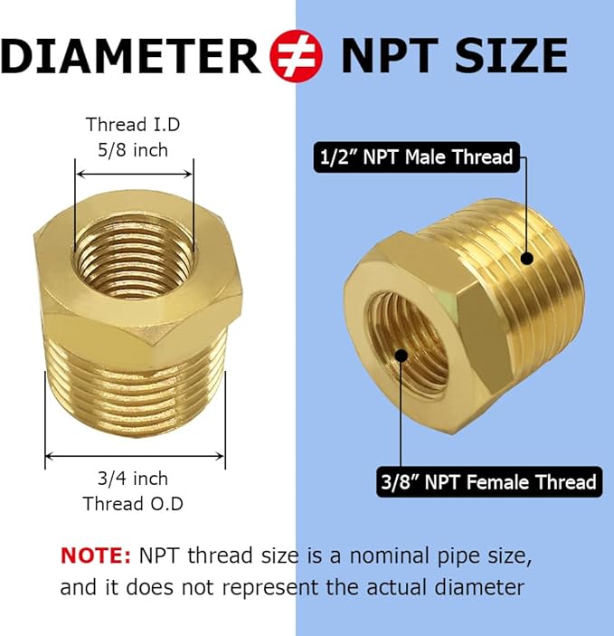 Hooshing 3PCS Brass Reducing Hex Bushing 1/2" NPT Male x 3/8" NPT Female Thread Reducer Pipe Fitting Adapter