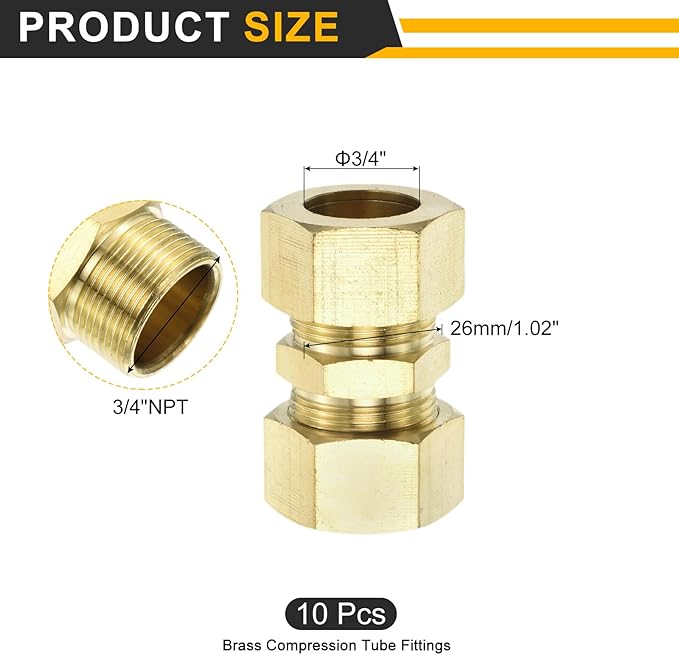 uxcell 5Pcs Brass Compression Tube Fitting, 3/4" Tube OD x 3/4" Tube OD Connector Straight Coupling Adapter Union Fittings