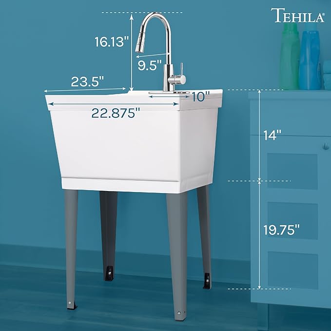 White Utility Sink Laundry Tub with High Arc Chrome Faucet for Laundry Room Basement, Garage, Shop