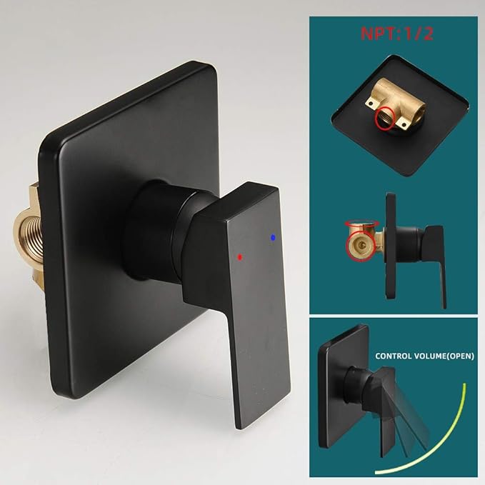 Matte Black Shower Faucet Set, Single Function Shower Trim Kit with Rough-in Valve, Square Rain Shower Head System Included Extra Long Shower Arm for Bathroom