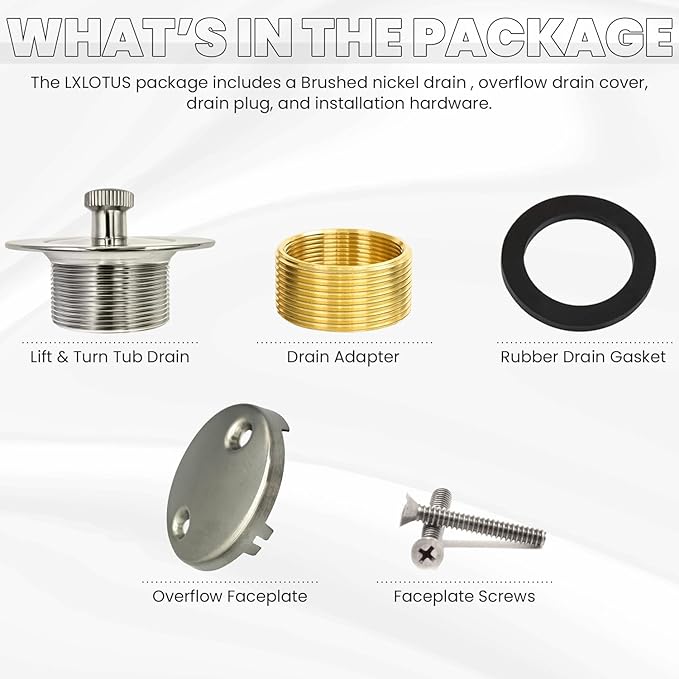 Brushed Nickel Bathtub Drain Kit - Lift and Turn - Universal Fit 1-3/8" and 1-1/2" Tub Drain Replacement Kit