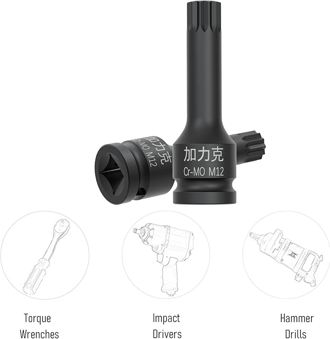 1/2-Inch Drive x M12(12mm） Impact XZN Triple Square Spline Bit Socket, Metric Lengthen Screwdriver Socket Adapter, 3-Inch Length, CR-MO Steel, One-Piece Construction, Black