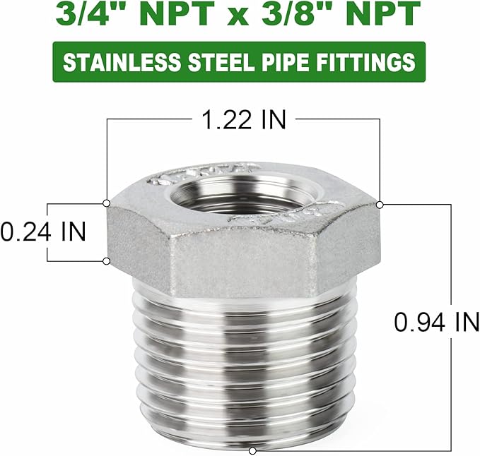 TAISHER 5PCS 304 Stainless Steel Reducer Hex Bushing, 3/4" NPT Male x 3/8" NPT Female, Reducing Pipe Adapter Fitting
