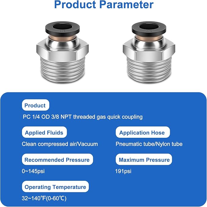 10 Pcs Push-to-Connect Fittings 1/4 Inch Tube OD x 3/8 Inch NPT Thread Pneumatic Male Straight Quick Connect Air line fittings