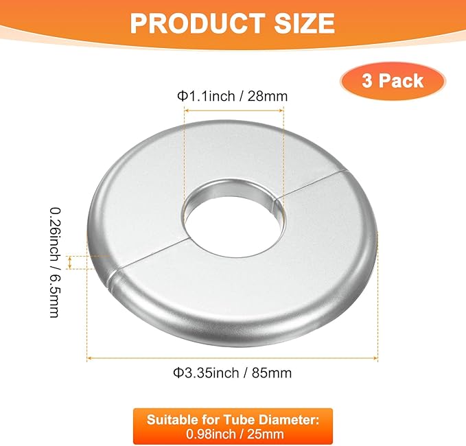 3-Pack Wall Split Flange, ABS Round Self-Adhesive Escutcheon Plate Cover Buckle for 25mm/0.98 in Dia Pipe Accessories/Floor/Ceiling, Plumbing Cover Plates [Silver,6.5mm/0.26in H]