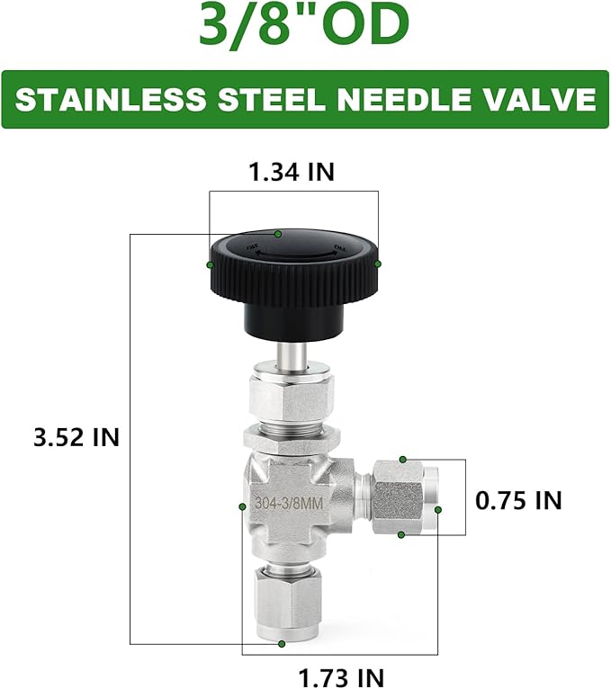 TAISHER 1PCS 304 Stainless Steel Compression Tube 90 Degree Needle Valve 3/8" Tube OD x 3/8" Tube OD For Flow Control Water Gas Oil