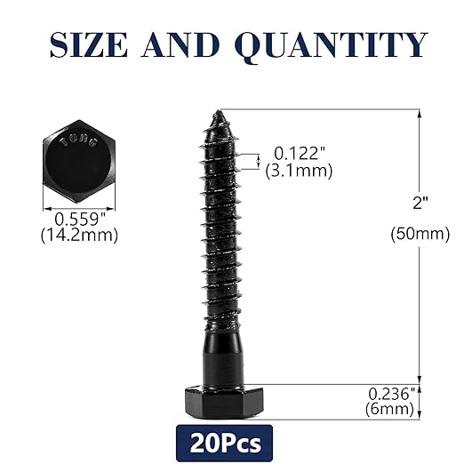 3/8" x 2" Hex Head Lag Screws Bolts 20Pcs 304 Stainless Steel 18-8, Partial Thread, Hexagon Head Wood Screws by Black Oxide by SG TZH