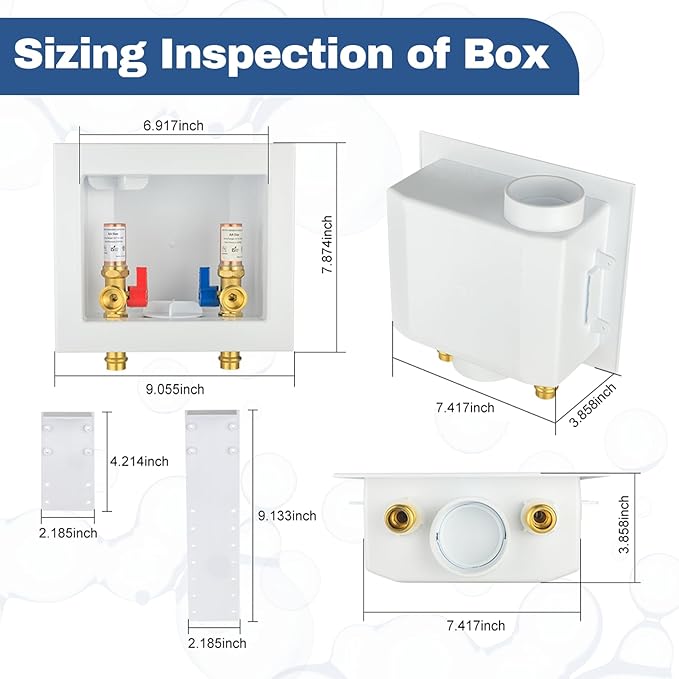 30-PACK GUOFIS Washing Machine Outlet Box with Copper Water Hammer Arrestor, PEX Laundry Washer Box with Central and Side Drain Design(1/2"Copper Press Connection Inlet X 3/4"MHT Outlet)(WM057-30Pack)