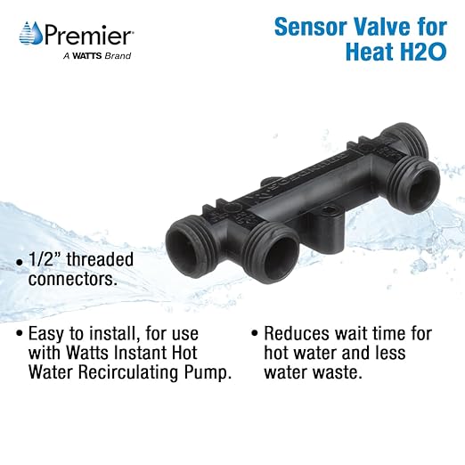 Watts Premier Replacement Sensor Valve for 500800 and 500805 Watts Instant Hot Water Recirculating Pump System, 4.5" Sensor Valve, Two 12" Supply Lines with Adapter Fittings, 1/2" Threaded Connectors