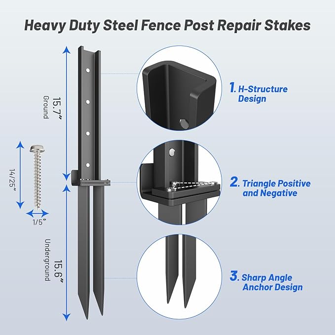 Thickened Fence Post Repair Anchor Kit, Heavy Duty Steel Fence Post Repair Stakes, Repair Tilted and Broken Wooden Posts, Double-Tube Style(2Pack/Black)
