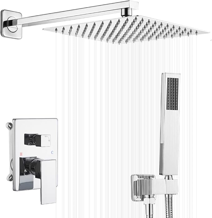 Polished Chrome Shower System 10 Inch Bathroom Luxury Rain Mixer Shower Combo Set Wall Mounted Rainfall Shower Head and Handheld System Shower Faucet Rough-in Valve Body and Trim Kit