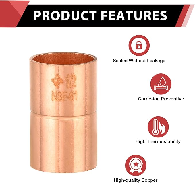 EFIELD 1-1/4-Inch C X C Copper Coupling With Rolled Stop, LF Copper Plumbing Fittings with Sweat Solder Connection,(COPPER087)